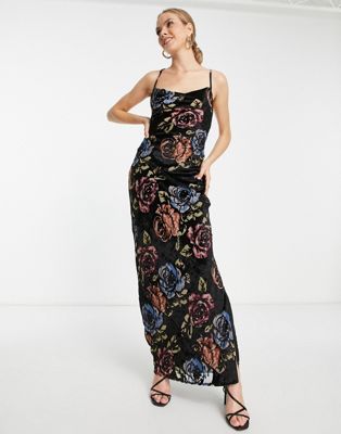 Asos Design Velvet Devore Slip Maxi Dress With Lace Up Back In Rose Floral-multi