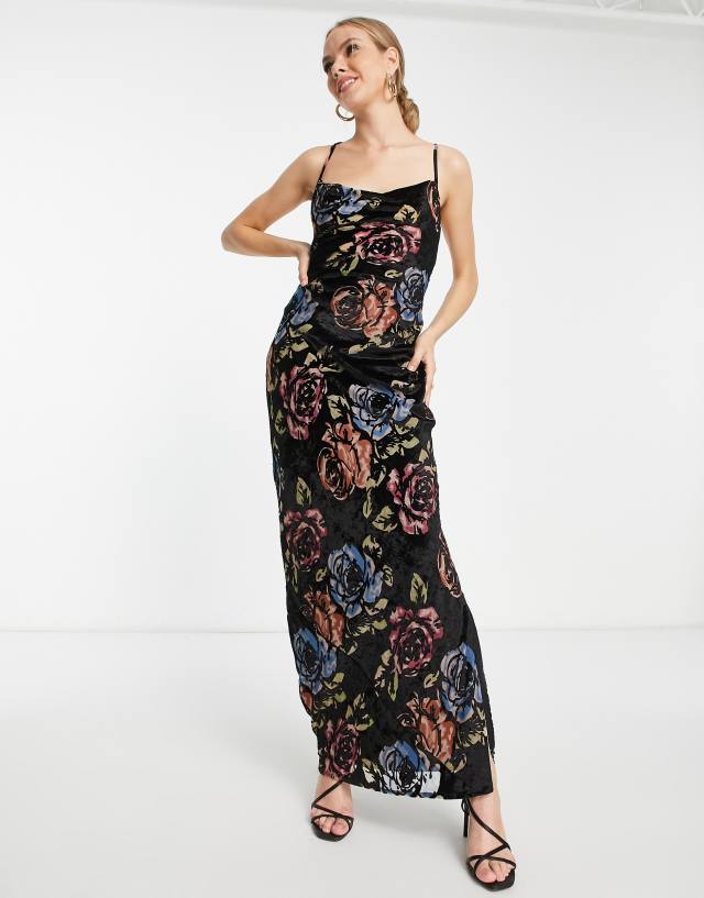 ASOS DESIGN velvet devore slip maxi dress with lace up back in rose floral