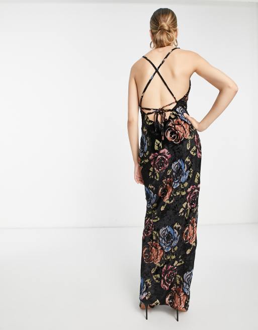 Floral Corset Backless Lace Up Maxi Dress Beige