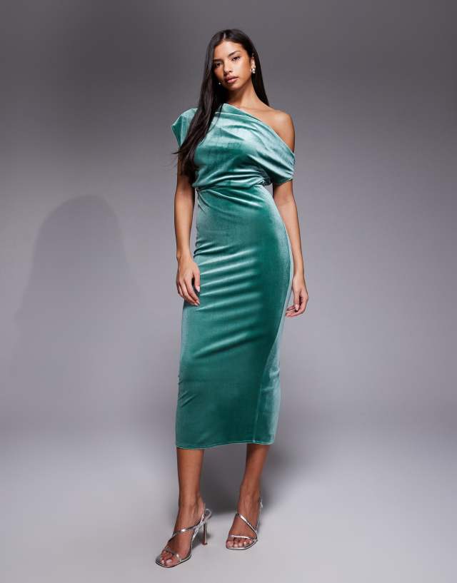ASOS DESIGN velvet dramatic neckline midi dress in green