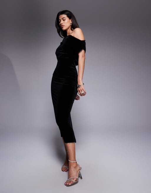 ASOS DESIGN velvet dramatic neckline midi dress with slit in black
