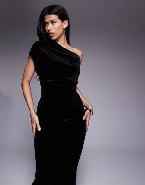 ASOS DESIGN velvet dramatic neckline midi dress with split in black - view 1