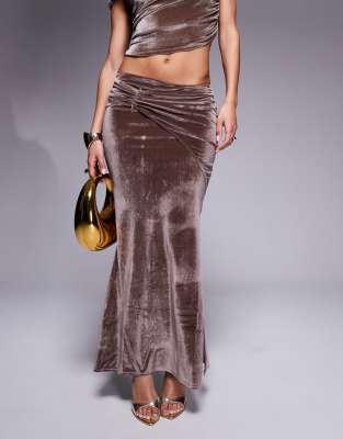 Asos Design Velvet Drape Fishtail Maxi Skirt In Brown