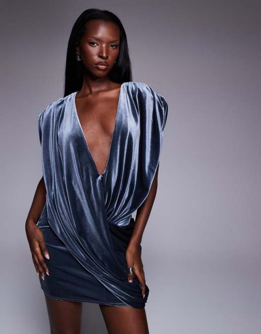 ASOS DESIGN velvet draped mini dress in charcoal gray