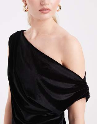 Asos Design Velvet Draped One Shoulder Mini Dress In Black