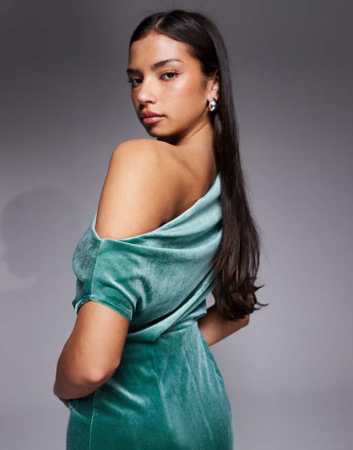 ASOS DESIGN velvet dropped shoulder midi dress in turquoise, 4 of 4