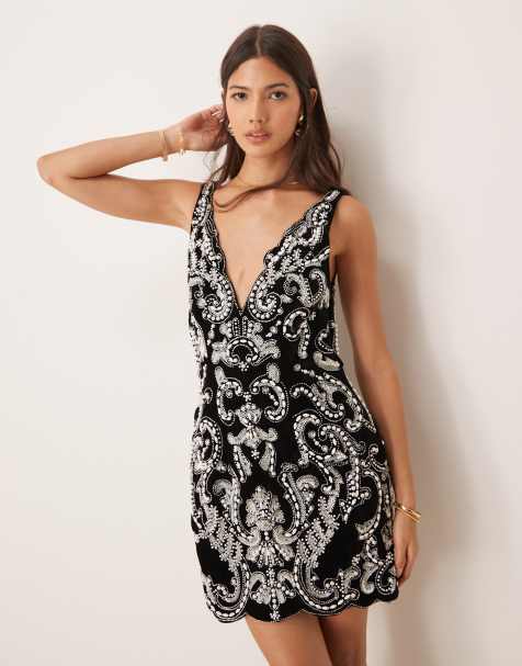 ASOS DESIGN velvet embellished mini dress with cut out back in black - view 1