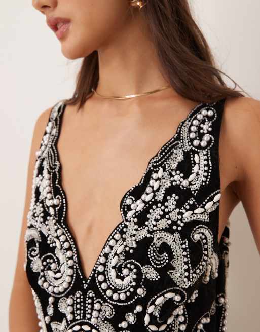 ASOS DESIGN velvet embellished mini dress with cut out back in black, 3 of 4