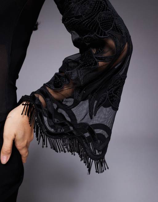 ASOS DESIGN velvet embroidered flare sleeve mesh top with fringing in black, 3 of 4