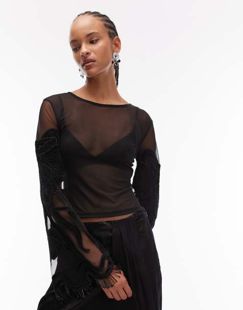 ASOS DESIGN velvet embroidered flare sleeve sleeve mesh top with fringing in black - view 1