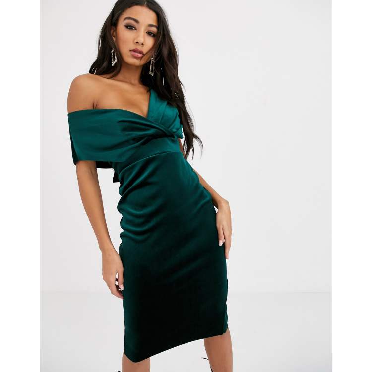 Fallen shoulder midi pencil dress with tie outlet detail