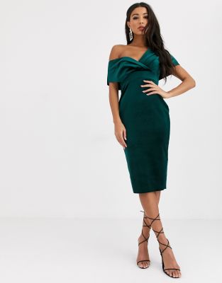 asos design fallen shoulder midi pencil dress with tie detail