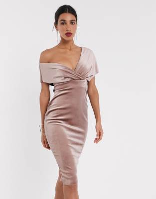 Asos Design Velvet Fallen Shoulder Midi Pencil Dress With Tie Detail In Champagne beige ModeSens