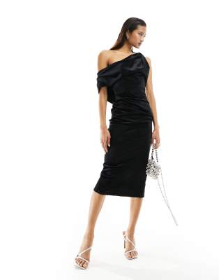 ASOS DESIGN velvet fallen shoulder pleat back midi dress in black