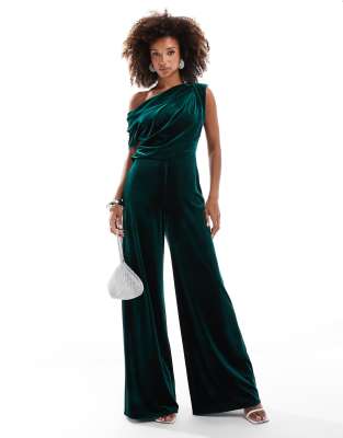 Asos Design Velvet Fallen Shoulder Tuck Detail Wide Leg Jumpsuit In Dark Green