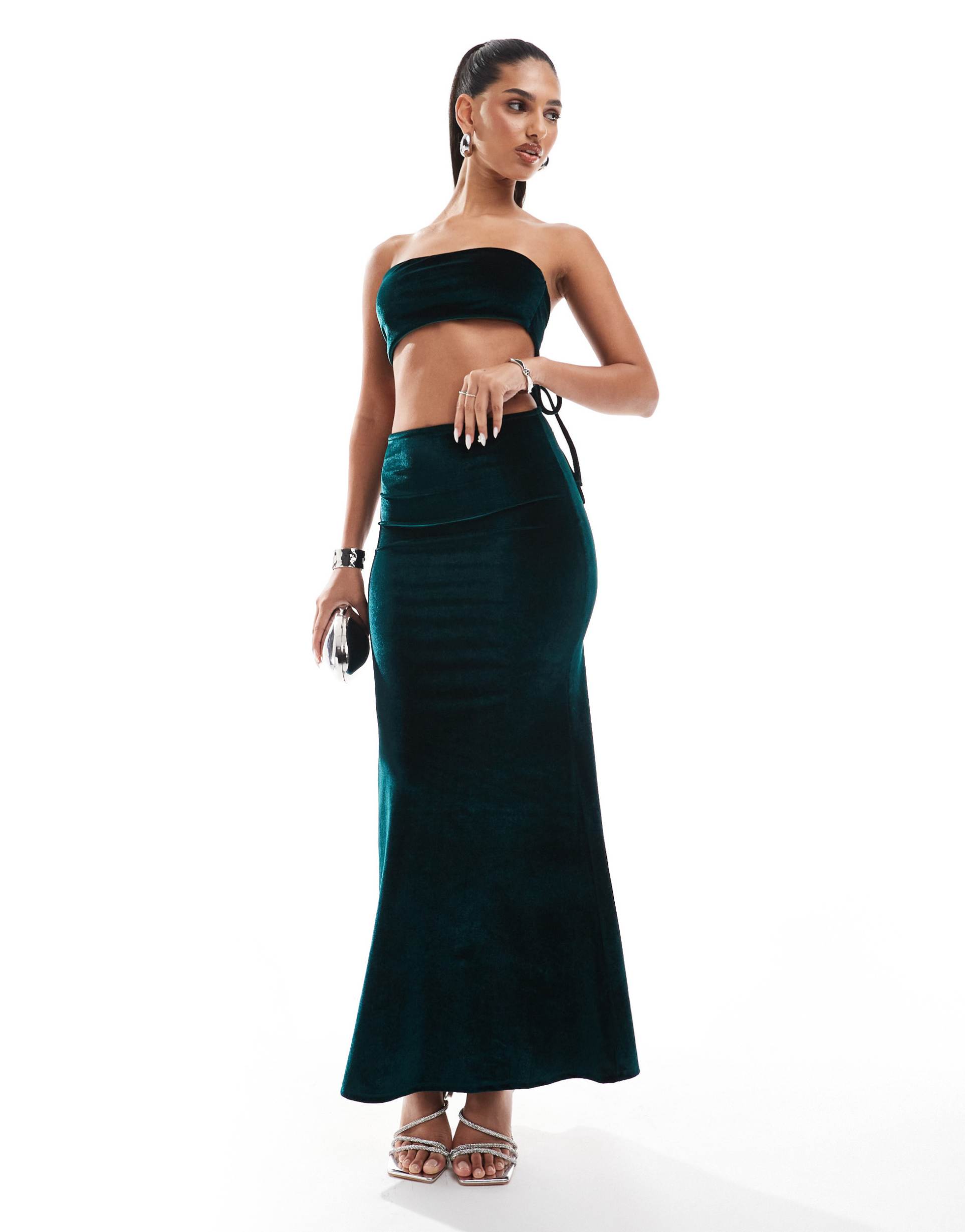 asos design velvet faux-ord midi dress with tie back detail in dark teal