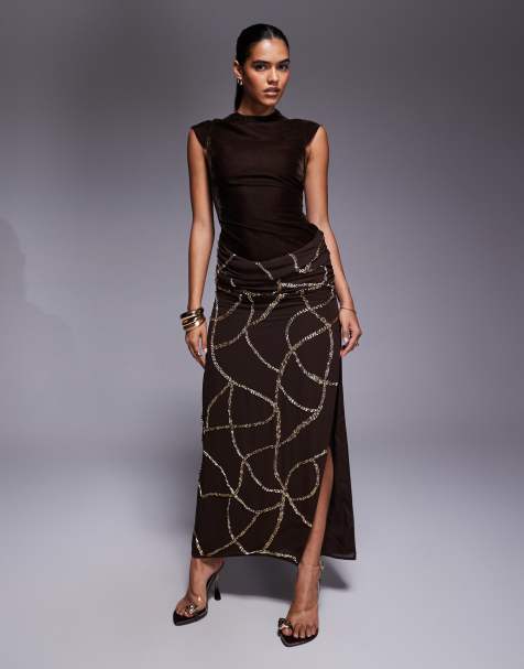 ASOS DESIGN velvet fitted bodice dress with draped embellished skirt overlay in chocolate - view 1