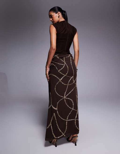 ASOS DESIGN velvet fitted bodice dress with draped embellished skirt overlay in chocolate
