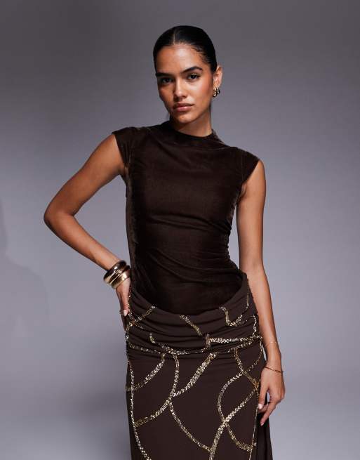ASOS DESIGN velvet fitted bodice dress with draped embellished skirt overlay in chocolate