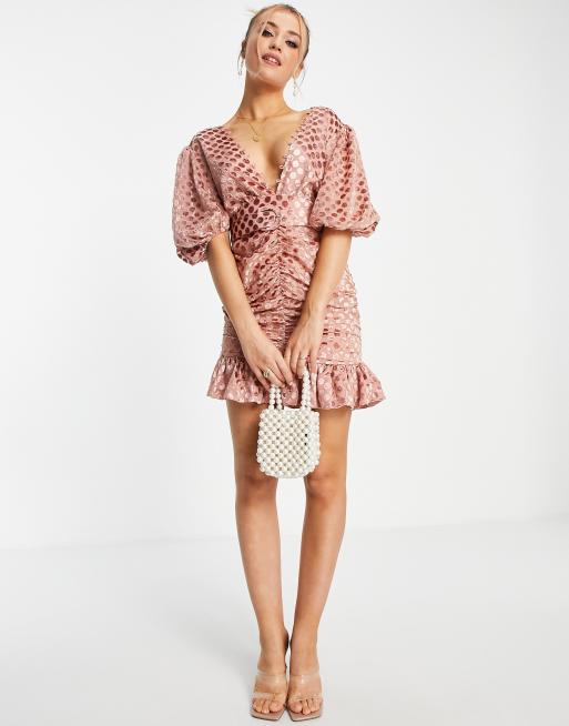 ASOS DESIGN velvet flocked spot mini dress with puff sleeve and belt in pink