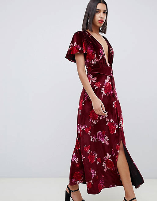 ASOS DESIGN velvet floral maxi dress with tassel belt