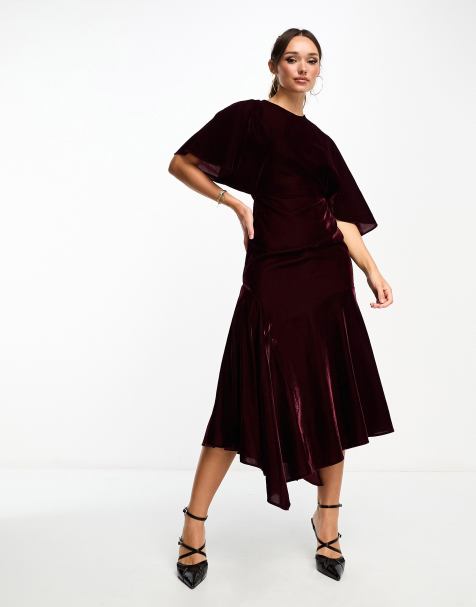 ASOS DESIGN velvet flutter sleeve asymmetric hem midi dress in burgundy - view 1