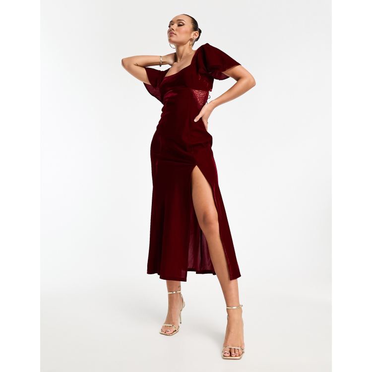 ASOS DESIGN velvet flutter sleeve midi dress with lace insert in red ASOS