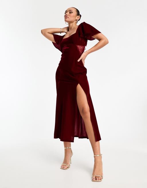 ASOS DESIGN velvet flutter sleeve midi dress with lace insert in red