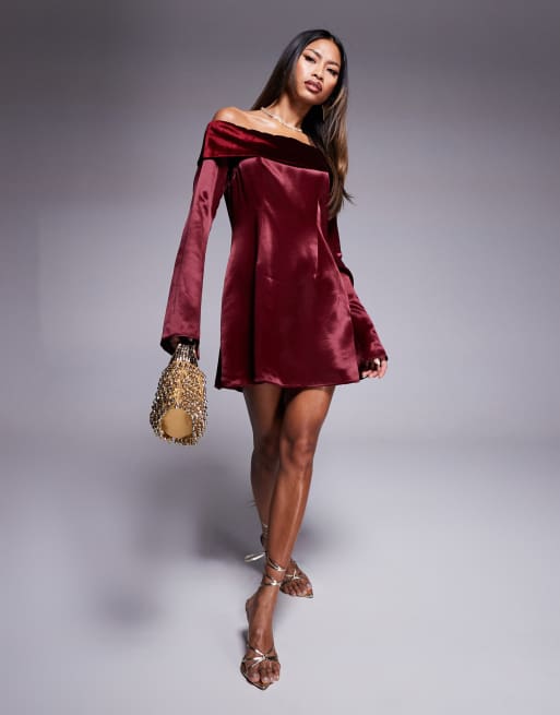 ASOS DESIGN velvet fold over mini dress with angel sleeve in burgundy