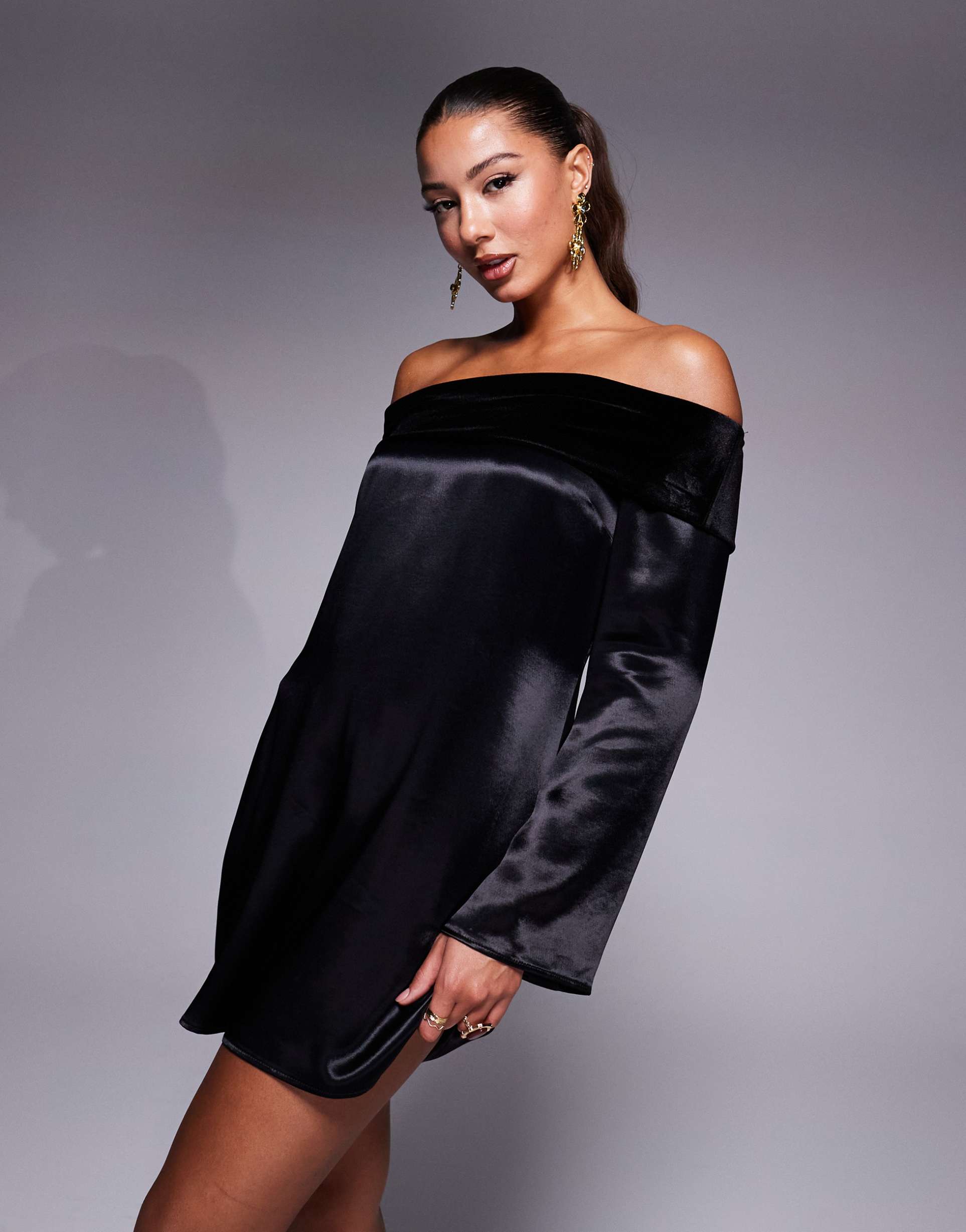 asos design velvet fold over mini dress with angel sleeves in black