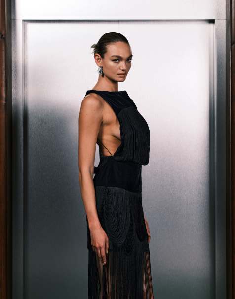 ASOS DESIGN velvet fringe midi dress with open back in dark navy - view 1