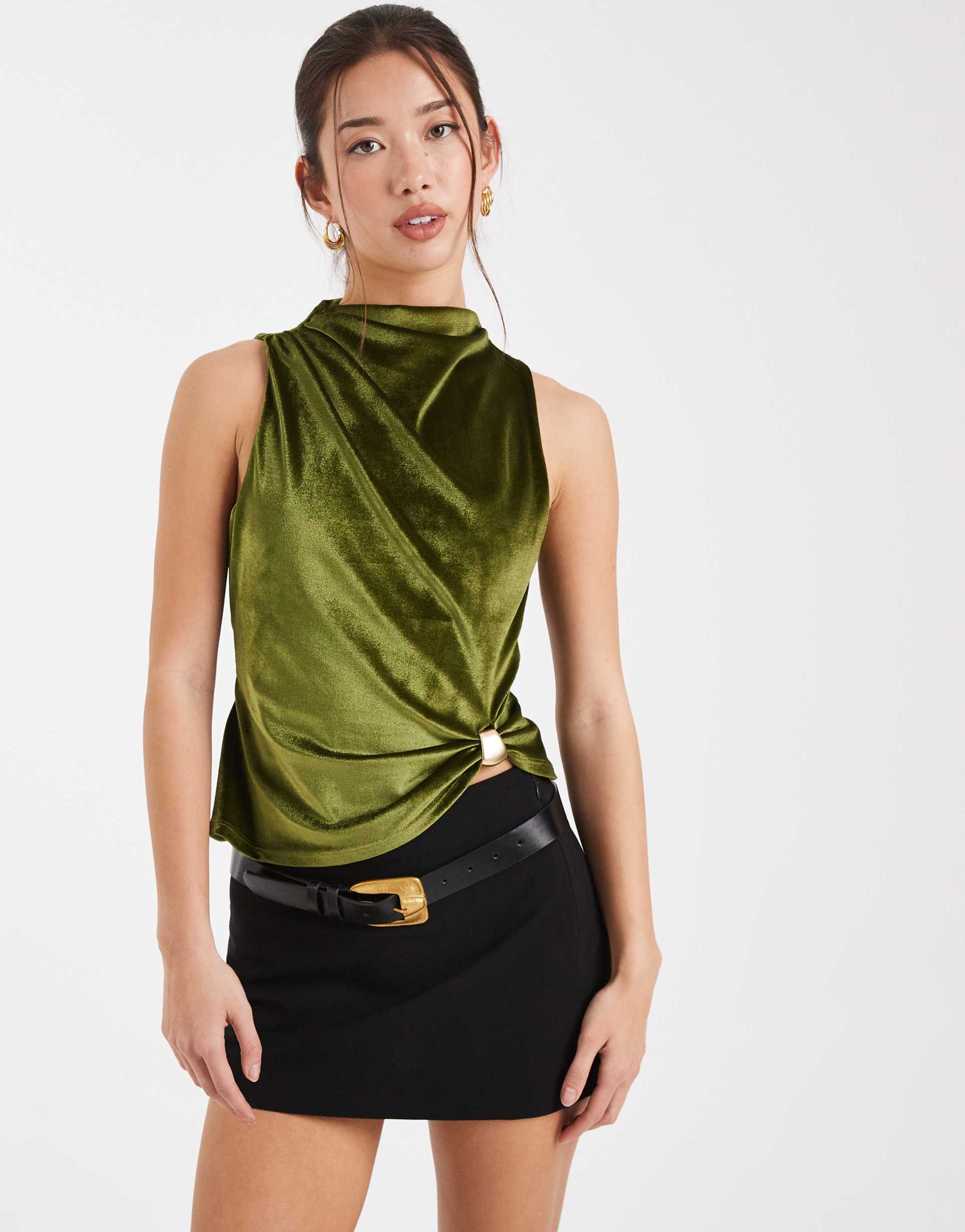 asos design velvet funnel neck tank top with metal trim in olive