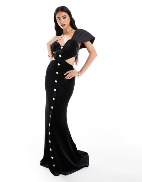 ASOS DESIGN velvet gold button detail maxi dress with contrast satin sleeves in black - view 1