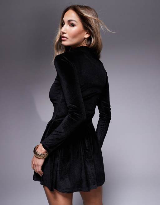 ASOS DESIGN velvet grown on neck dropped waist mini dress in black