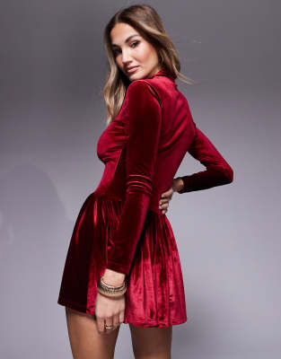 asos burgundy velvet dress ASOS DESIGN velvet long sleeve fallen shoulder maxi dress in burgundy