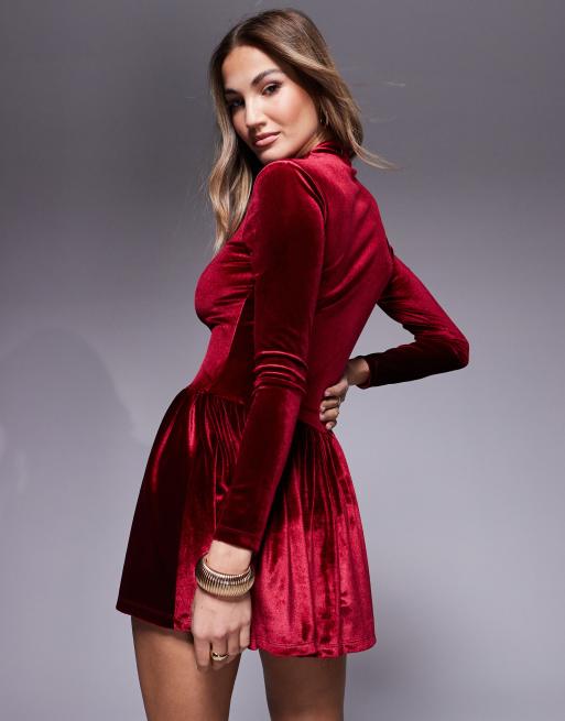 ASOS DESIGN velvet grown on neck dropped waist mini dress in burgundy | ASOS