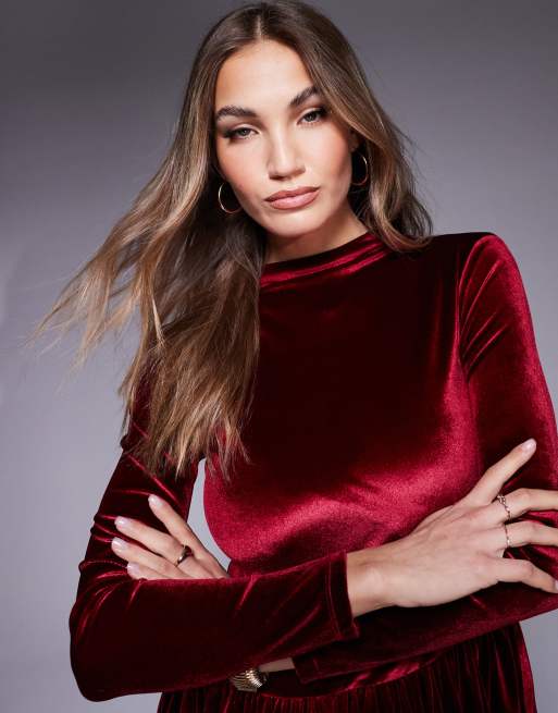 asos burgundy velvet dress ASOS DESIGN velvet corset midi dress with lace insert in burgundy – ASOS  Sample Sale main image 1