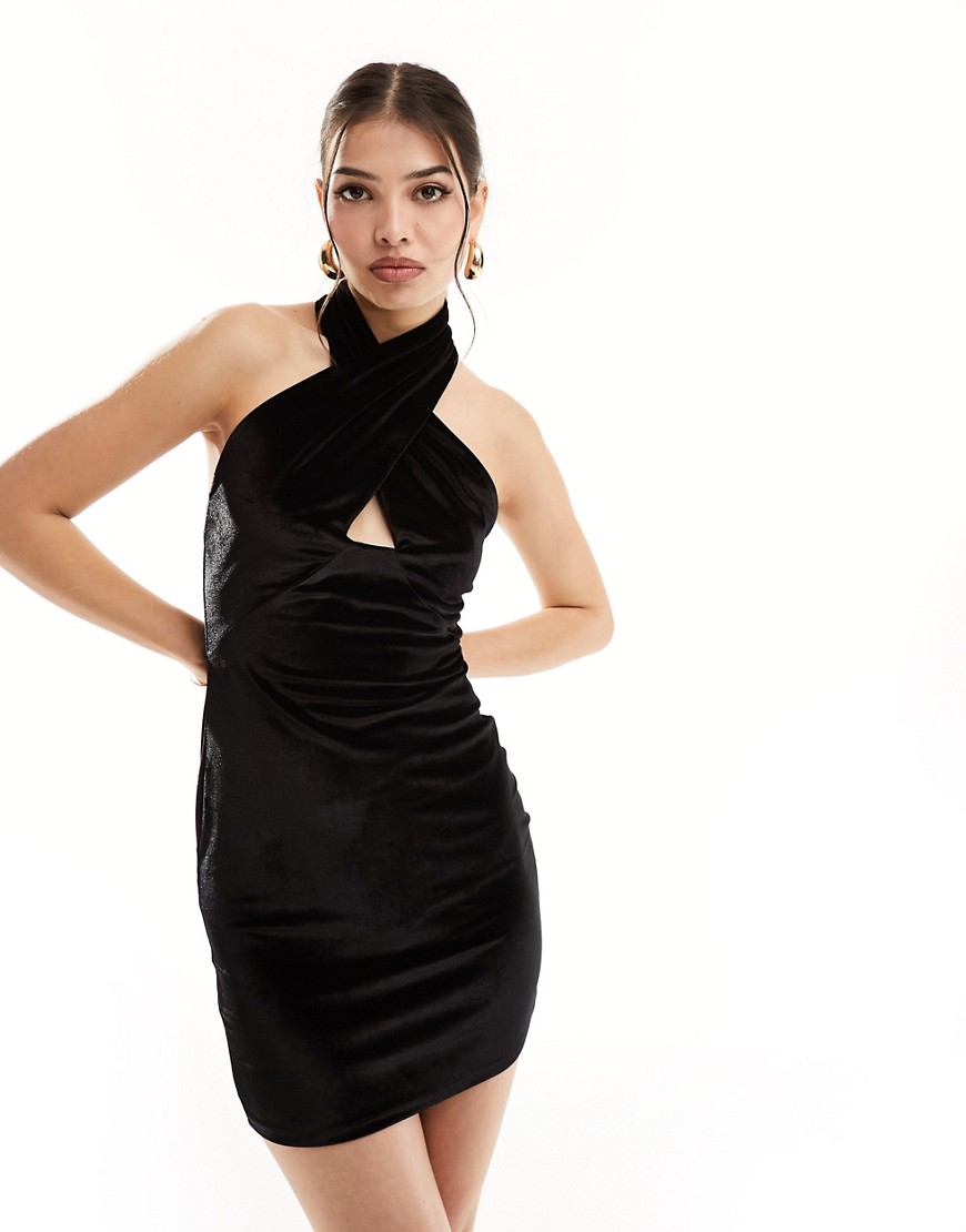 Shop Asos Design Velvet Halter Neck Mini Dress In Black