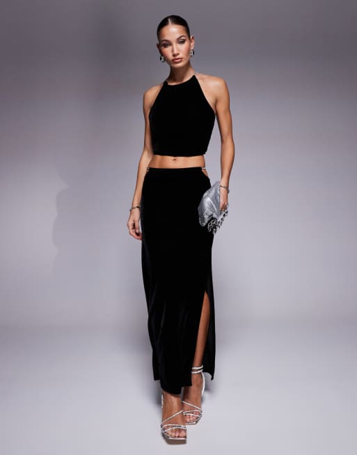 ASOS DESIGN velvet halter top with diamante trim and midi skirt set in black