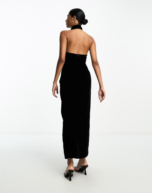 ASOS DESIGN velvet halter twist front cut-out maxi dress in black
