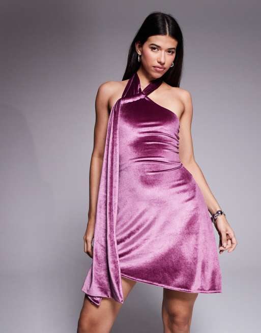 ASOS DESIGN velvet halterneck skater mini dress in lilac, 2 of 4
