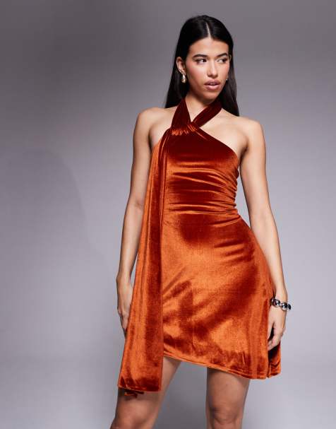ASOS DESIGN velvet halterneck skater mini dress in rust - view 1