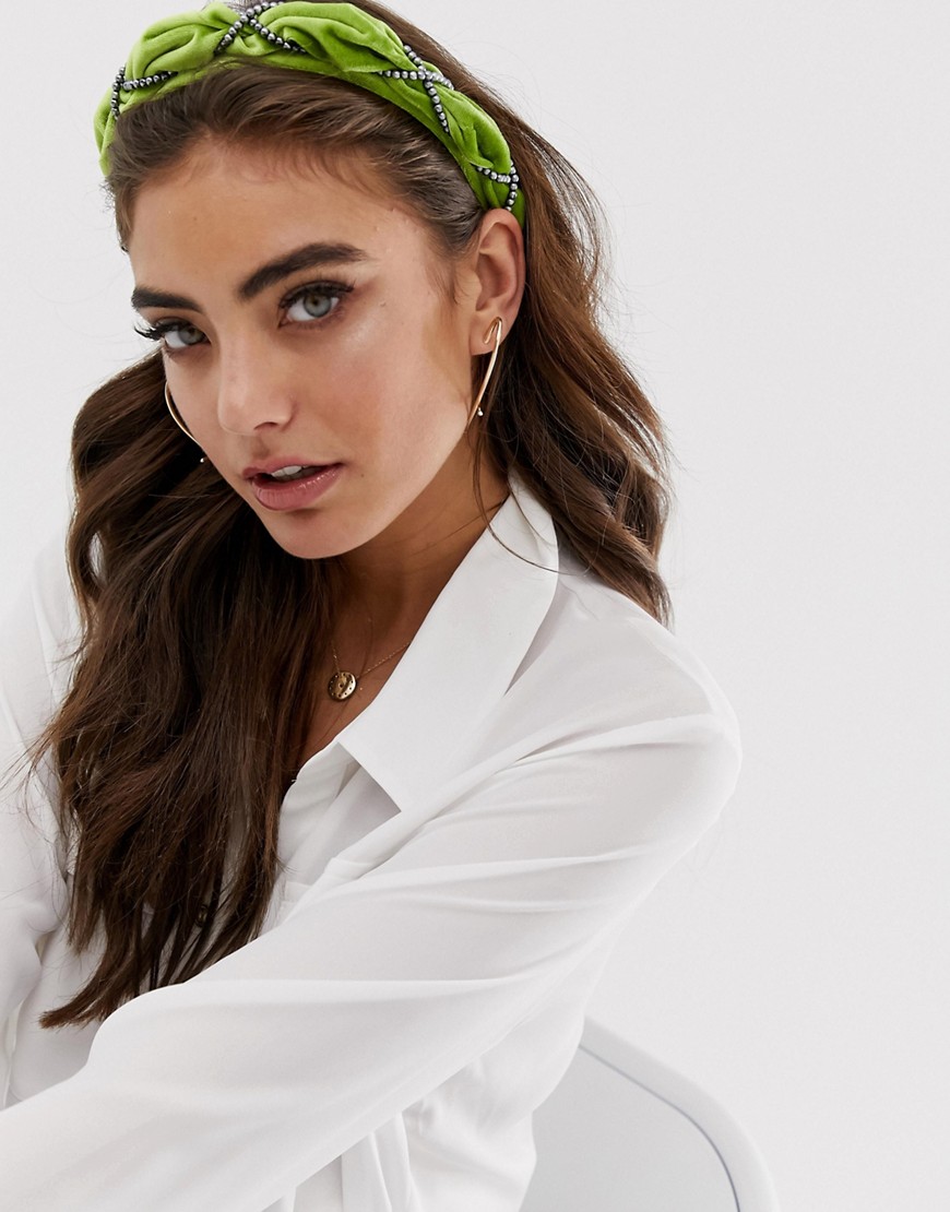 ASOS DESIGN velvet headband with grey pearl detail in chartreuse-Green