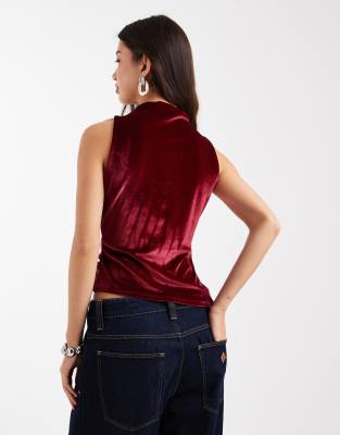 Asos Design Velvet High Neck Asymmetric Hem Top With Trim In Burgundy