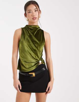 Asos Design Velvet High Neck Asymmetric Hem Top With Trim In Green