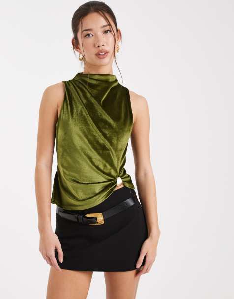 ASOS DESIGN velvet high neck asymmetric hem top with trim in olive - view 1