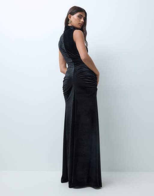 ASOS DESIGN velvet high neck godet detail column maxi dress in black, 4 of 5