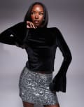 [ASOS DESIGN] ASOS DESIGN velvet high neck long sleeve flared cuff top in black XS Black