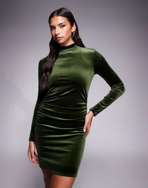 ASOS DESIGN velvet high neck long sleeve mini dress in olive - view 1