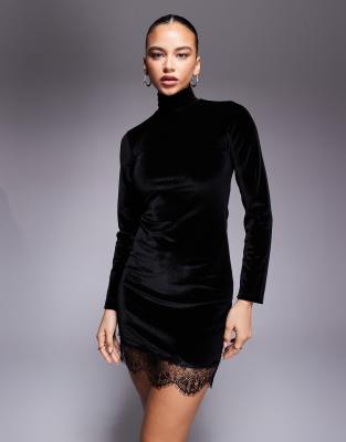 Asos Design Velvet High Neck Mini Dress With Scallop Lace Deep Hem Detail In Black
